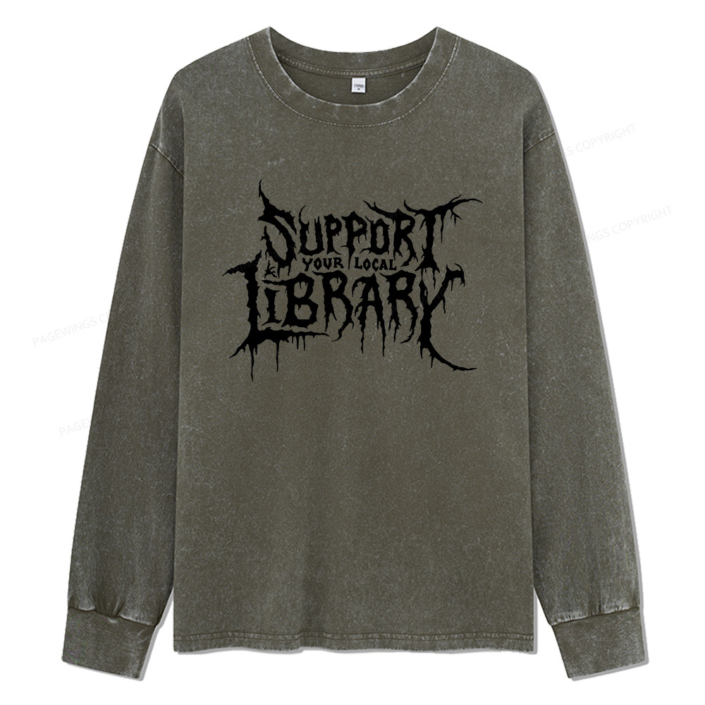 Pagewings Support Your Local Library Unisex Washed Long Sleeve T-shirt