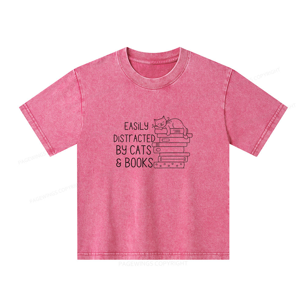 Pagewings Easily Distracted By Cats and Books Unisex Kids Washed T-shirt