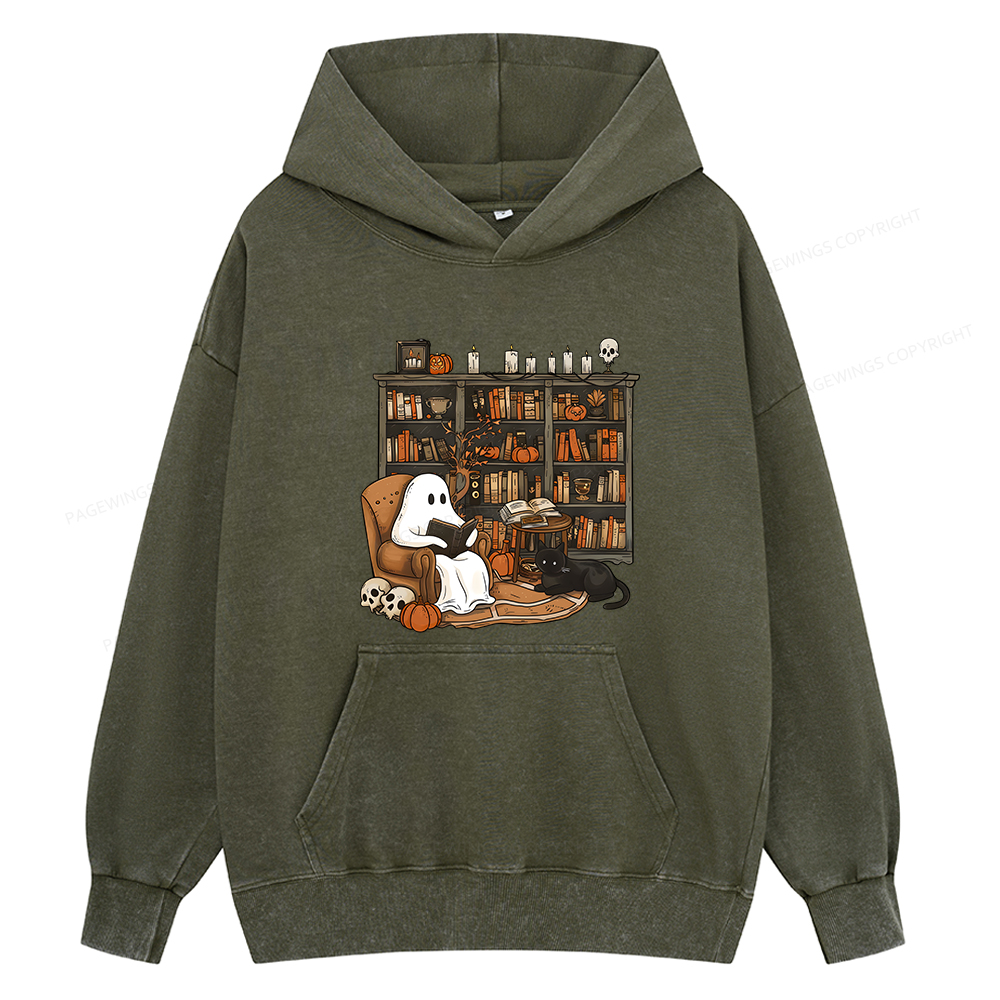 Pagewings Halloween Ghost Reading Books Unisex Washed Hoodie