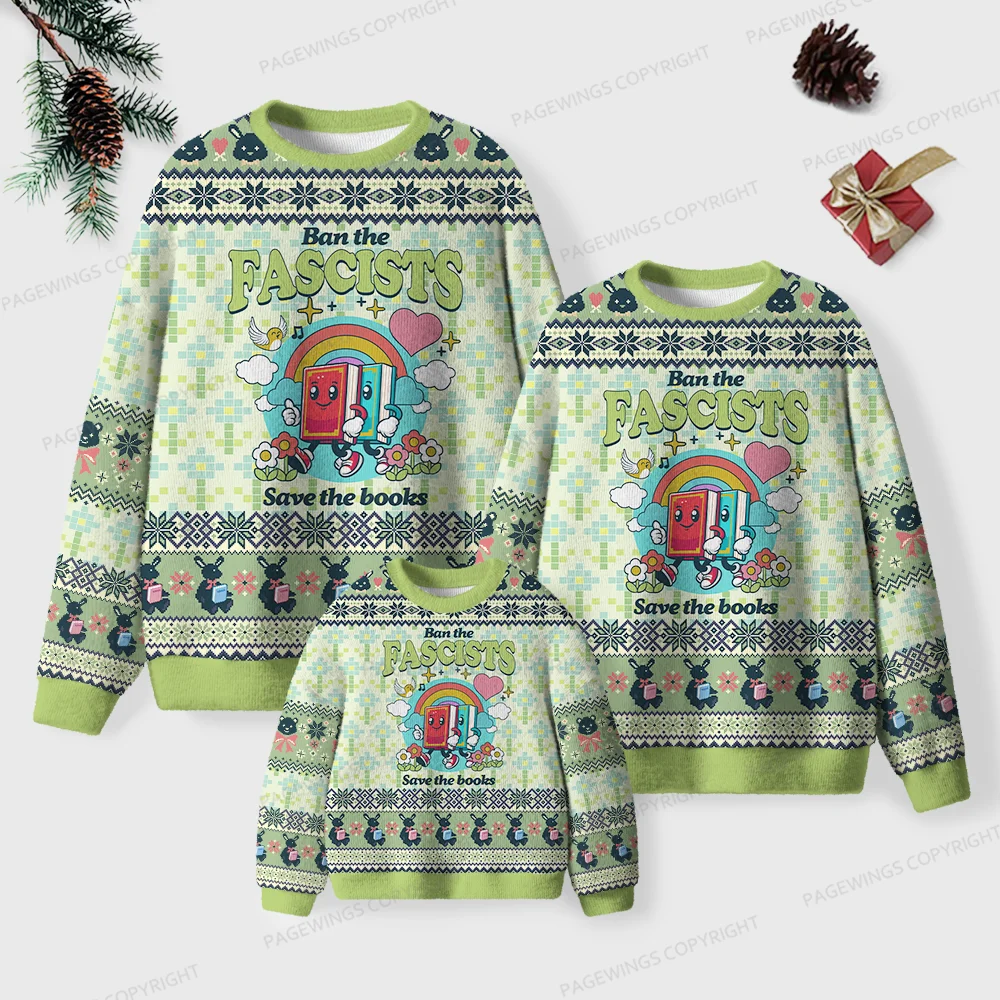 Pagewings Ban The Fascists Save The Books Unisex Ugly Knit Sweatshirt