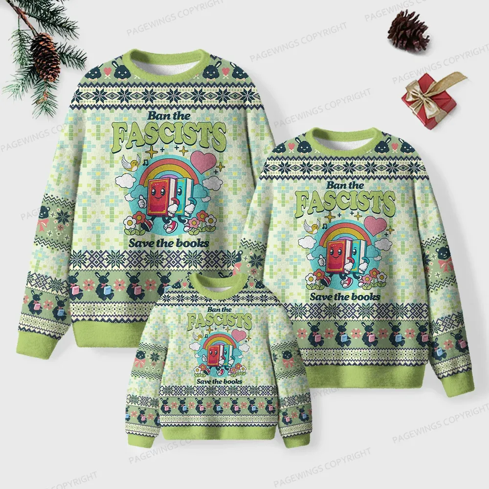 Pagewings Ban The Fascists Save The Books Unisex Ugly Knit Sweatshirt