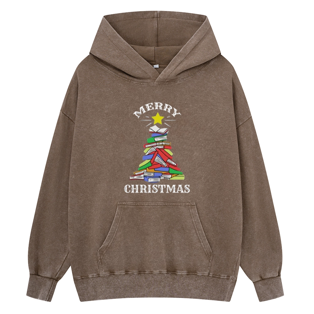 Pagewings Merry Christmas Book Tree Unisex Washed Hoodie