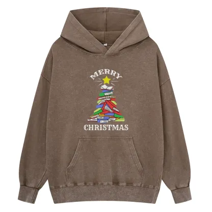 Pagewings Merry Christmas Book Tree Unisex Washed Hoodie
