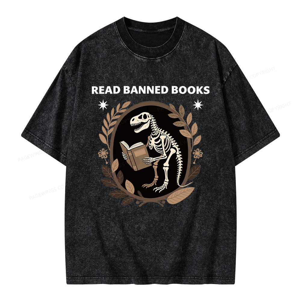 Pagewings Vintage Dinosaur Skeleton Reading Book Unisex Washed T-shirt