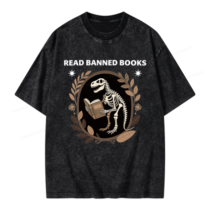 Pagewings Vintage Dinosaur Skeleton Reading Book Unisex Washed T-shirt