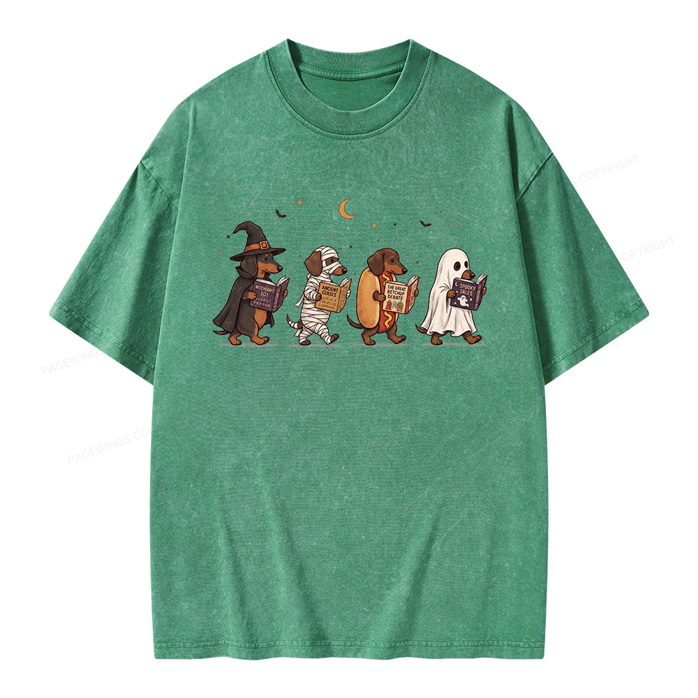 Pagewings Cute Spooky Season Wiener Dog Reading Unisex Washed T-shirt