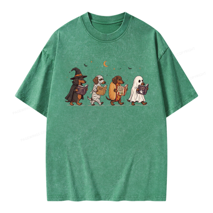Pagewings Cute Spooky Season Wiener Dog Reading Unisex Washed T-shirt
