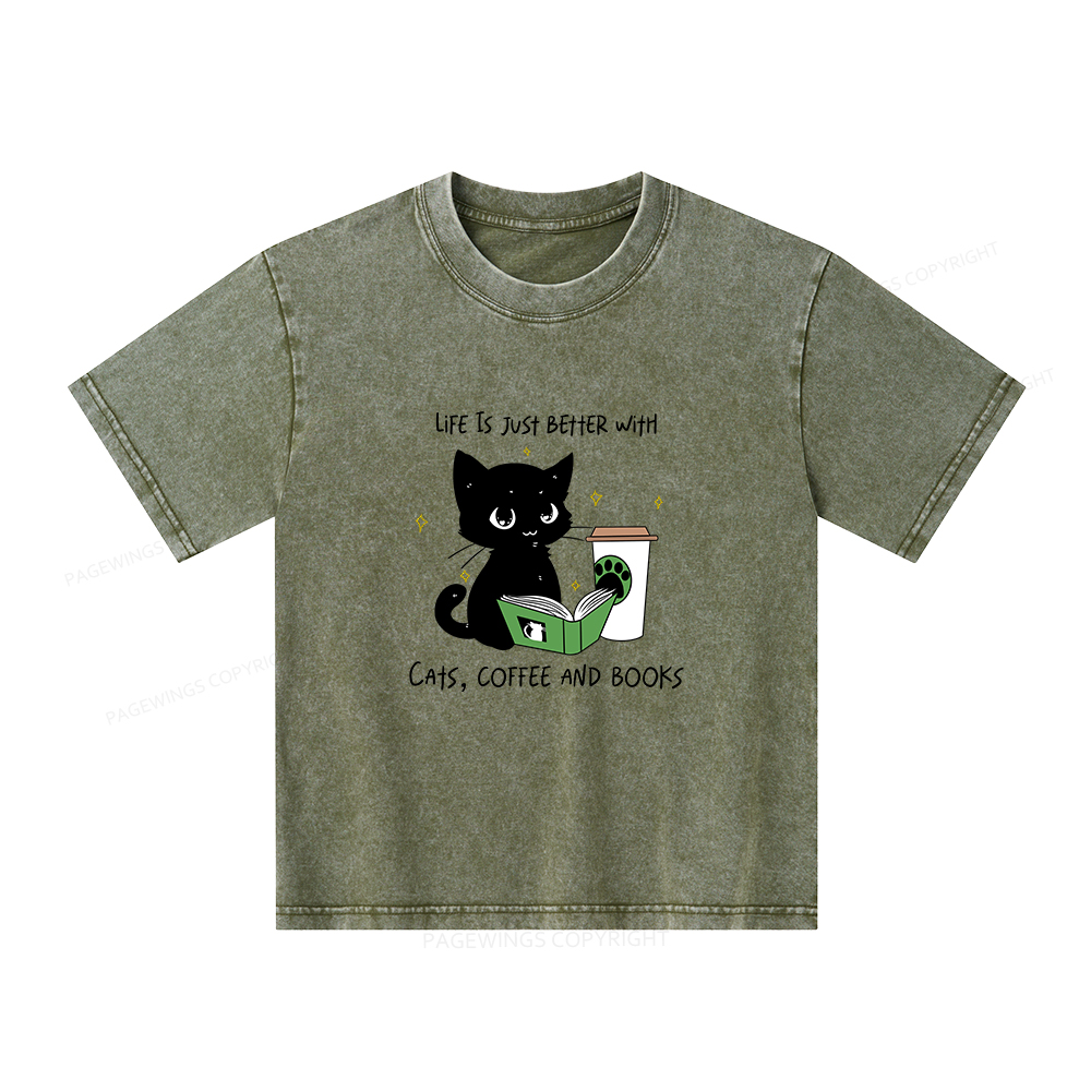 Pagewings Cats Coffee And Books Unisex Kids Washed T-shirt