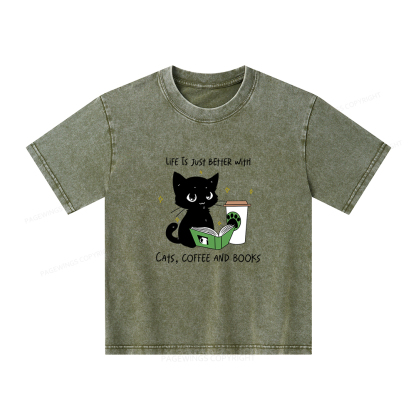 Pagewings Cats Coffee And Books Unisex Kids Washed T-shirt