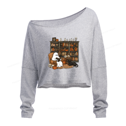 Pagewings Halloween Ghost Reading Books Slouchy Long Sleeve Off Shoulder T-shirt