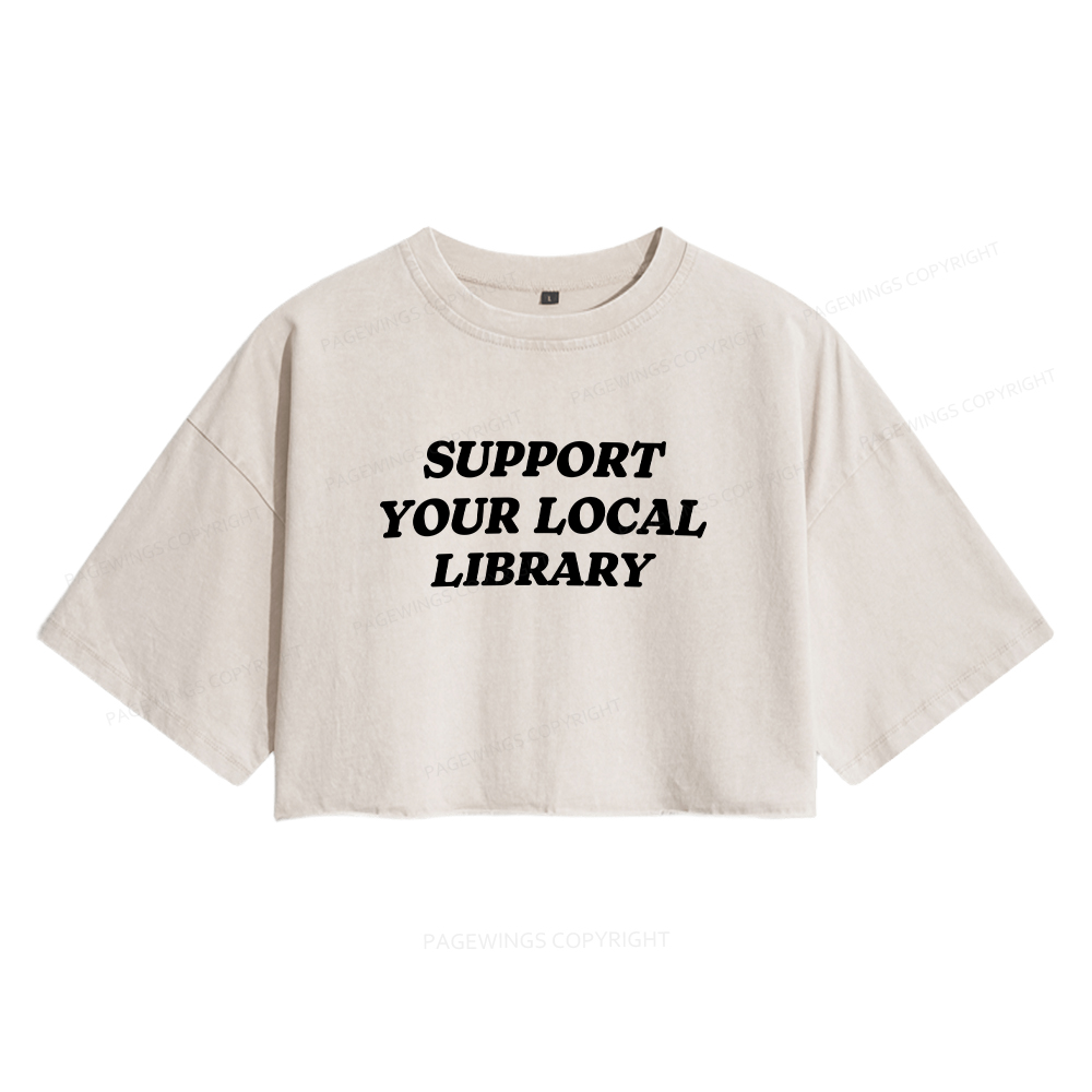 Pagewings Support Your Local Library Women's Washed Cropped T-shirt