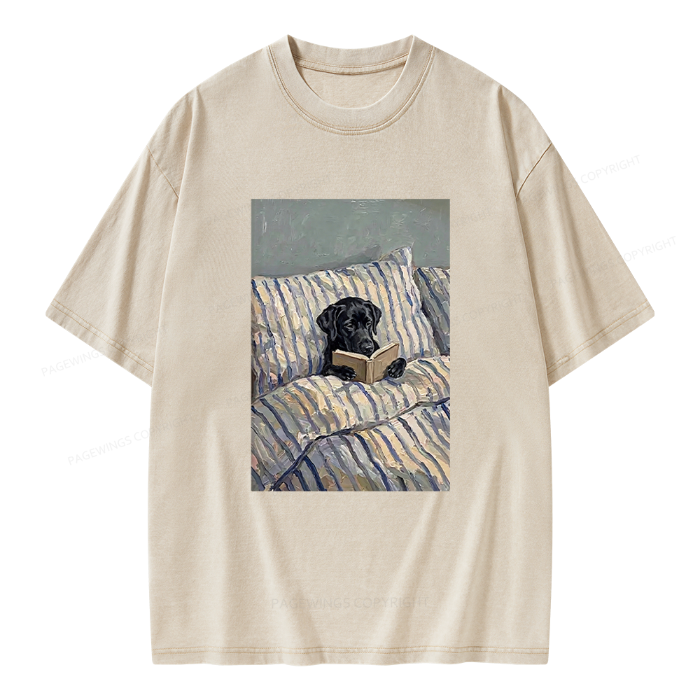 Pagewings Dog Reading in Bed Unisex Washed T-shirt