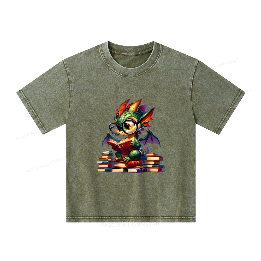 Pagewings Dragon And Books Unisex Kids Washed T-shirt