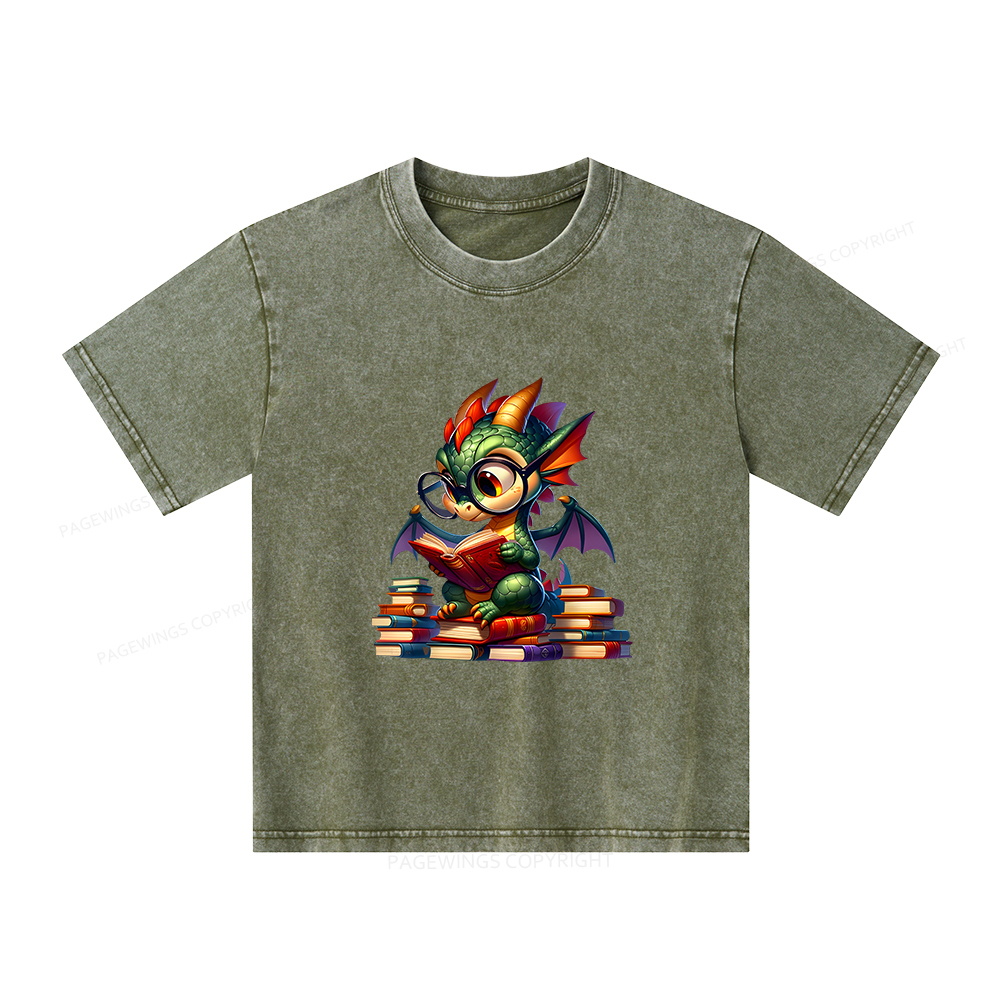 Pagewings Dragon And Books Unisex Kids Washed T-shirt