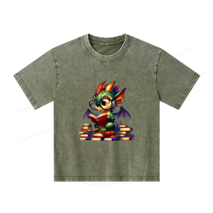 Pagewings Dragon And Books Unisex Kids Washed T-shirt