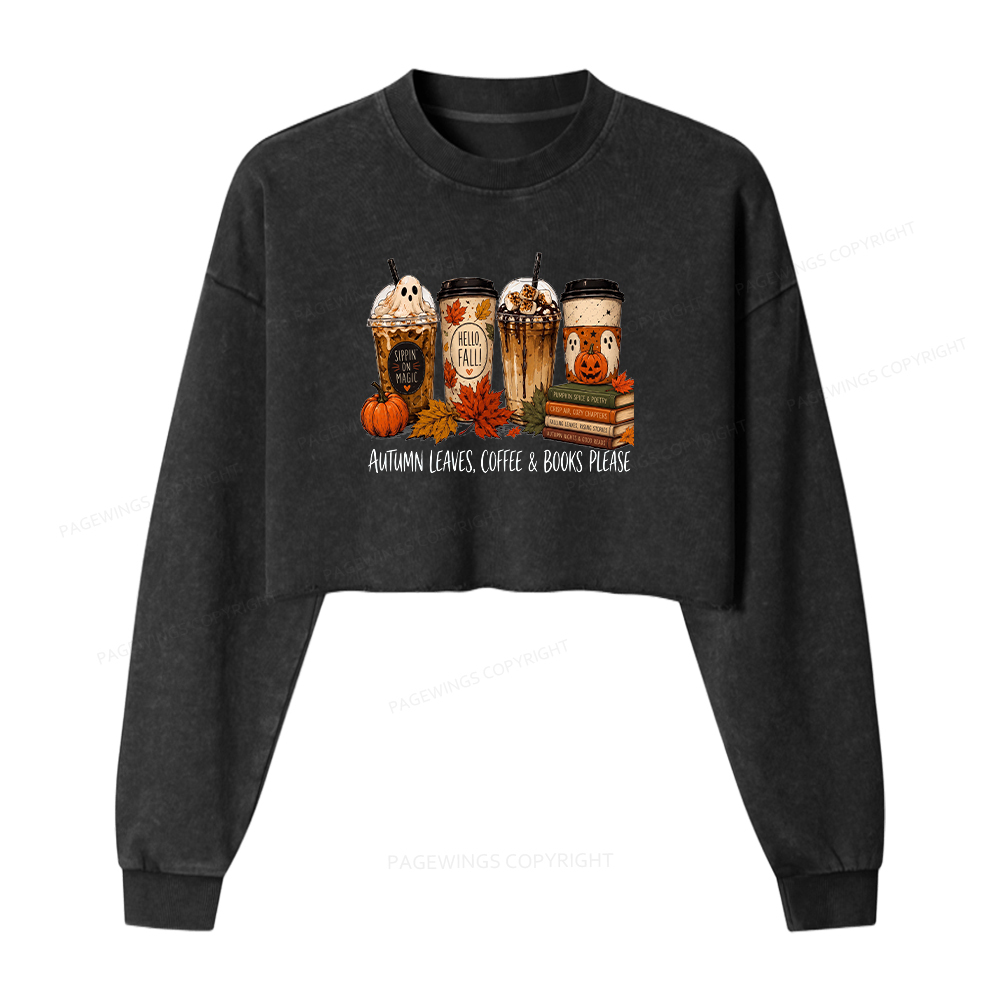 Pagewings Halloween Coffee Books Washed Crop Sweatshirt