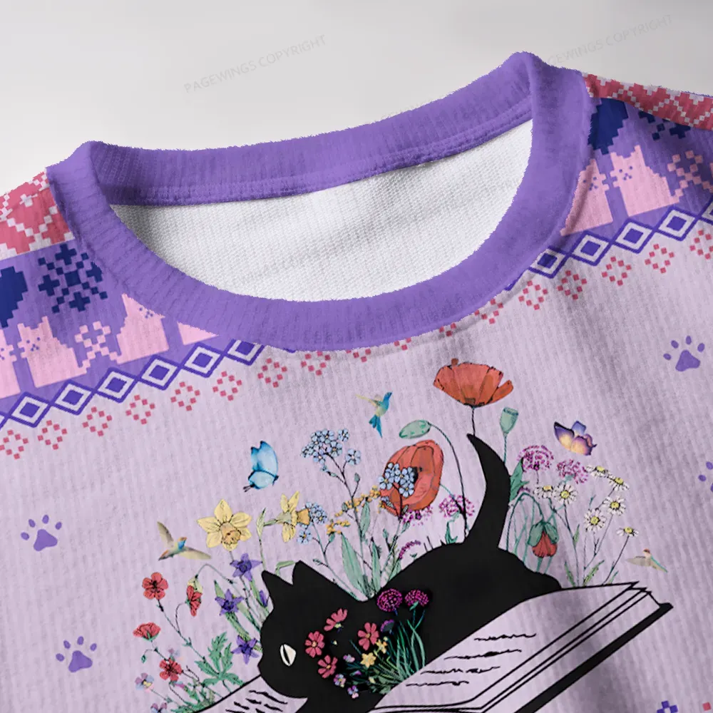 Pagewings Easily Distracted By  Cats & Books Unisex Ugly Knit Sweatshirt