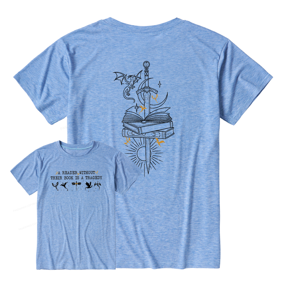 Pagewings A Reader Without Their Book Is A Tragedy Unisex Heather T-Shirt