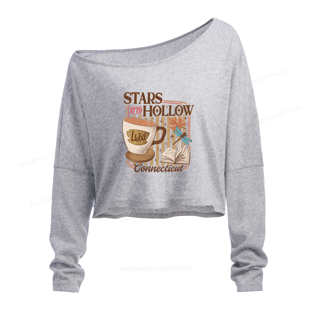 Pagewings Stars Hollow Slouchy Long Sleeve Off Shoulder T-shirt