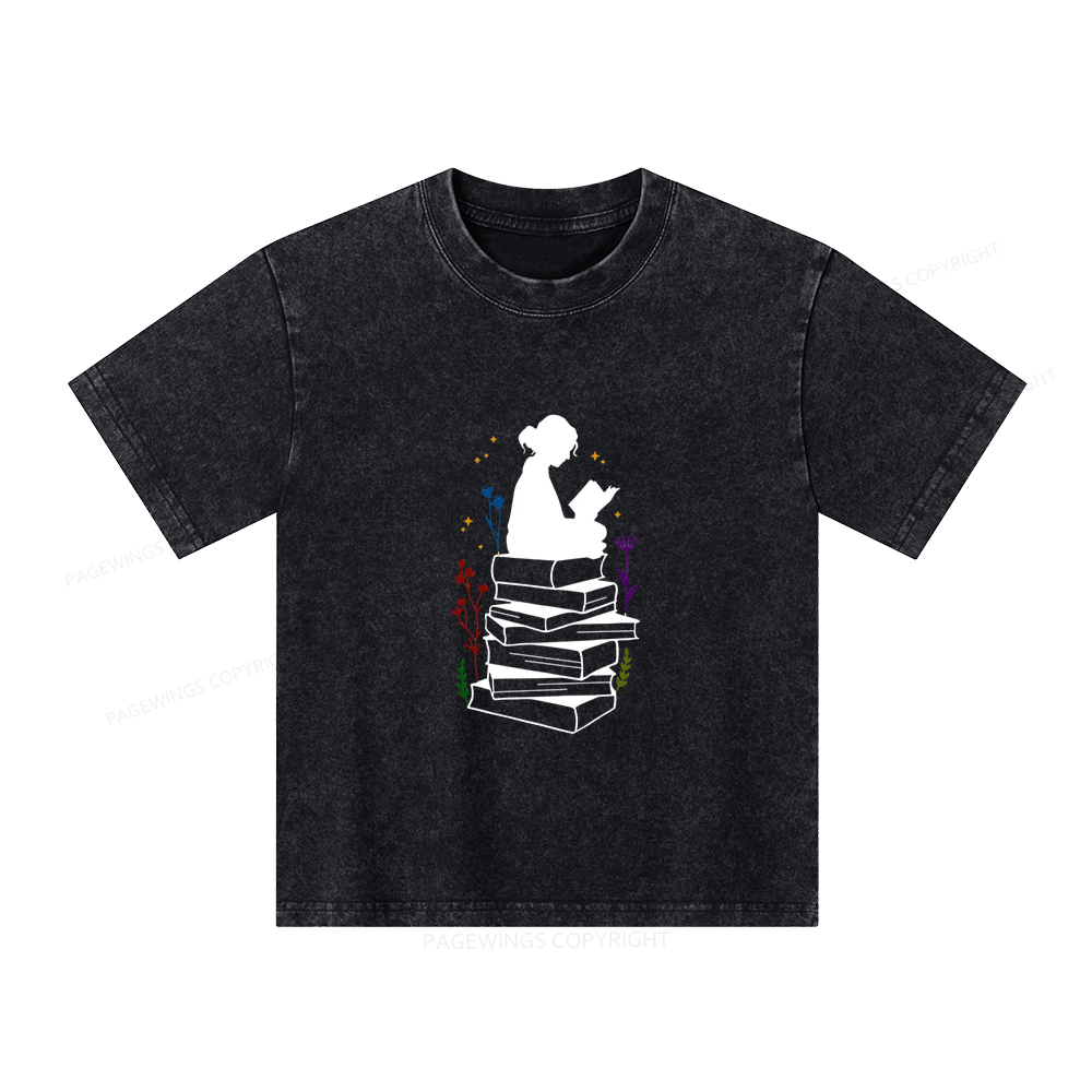 Pagewings Girl Reading Unisex Kids Washed T-shirt
