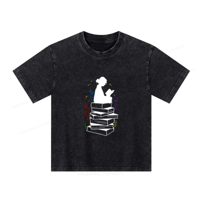 Pagewings Girl Reading Unisex Kids Washed T-shirt