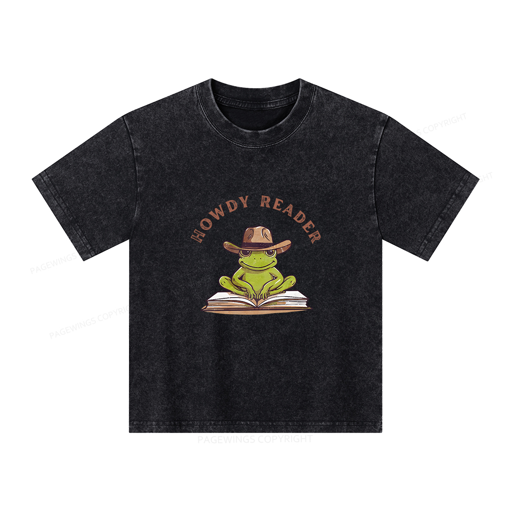 Pagewings Howdy Reader Frog Unisex Kids Washed T-shirt