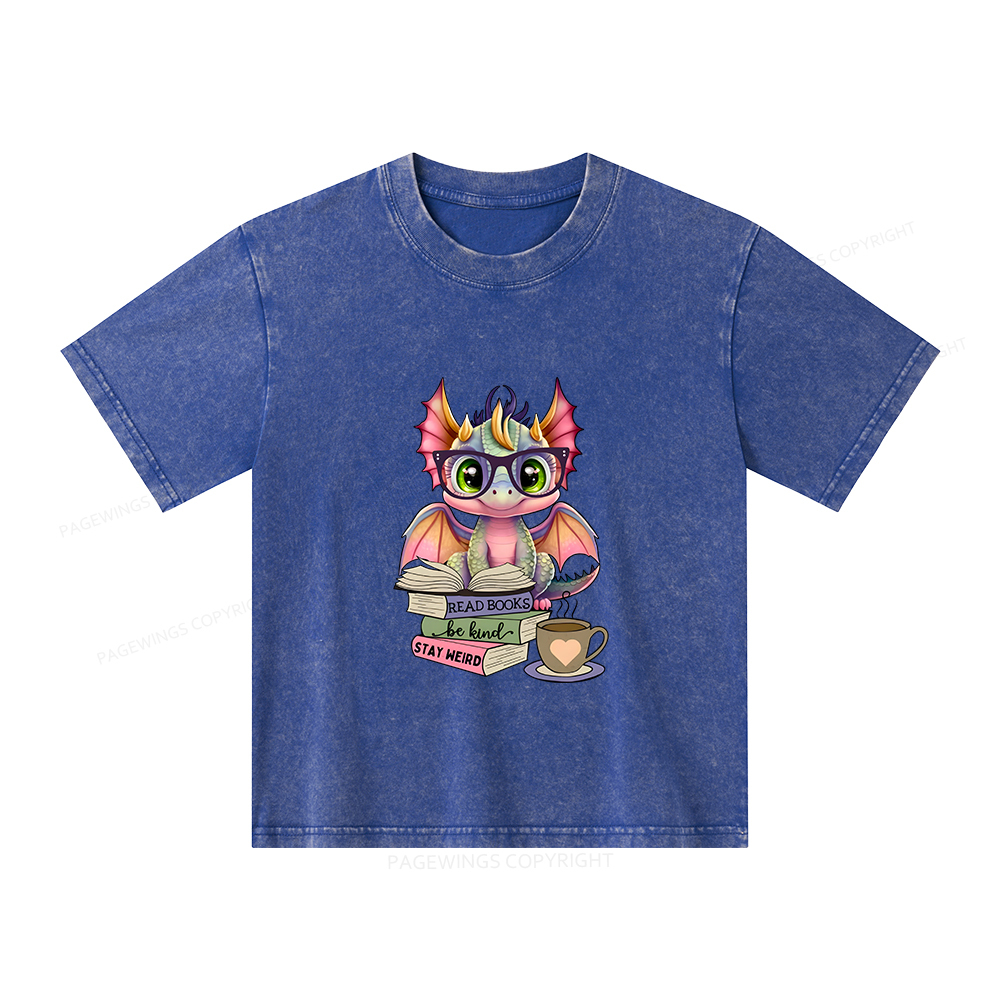Pagewings Cute Dragon Reading Unisex Kids Washed T-shirt