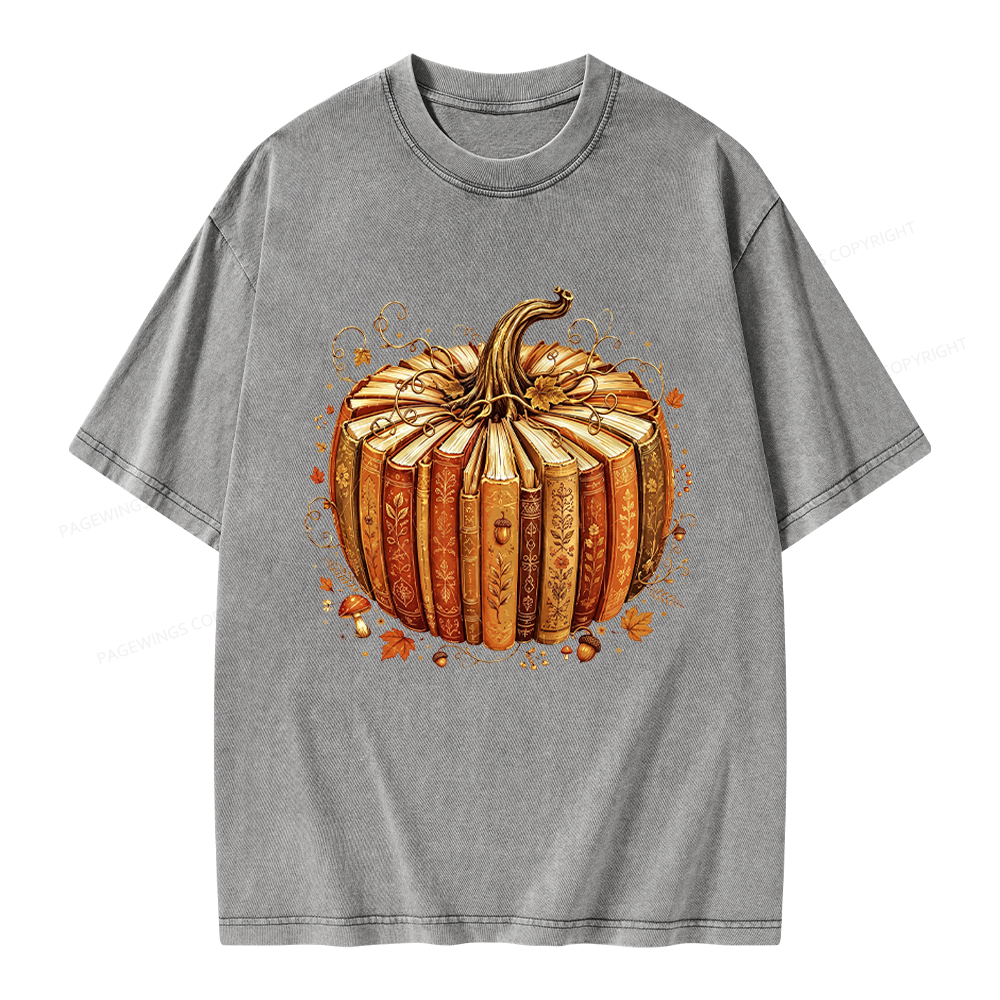 Pagewings Fall Book Pumpkin Unisex Washed T-shirt
