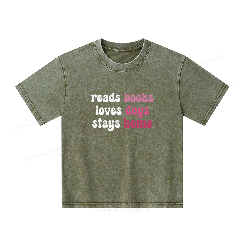 Pagewings Read Books & Lovs Dogs & Stay Home Unisex Kids Washed T-shirt