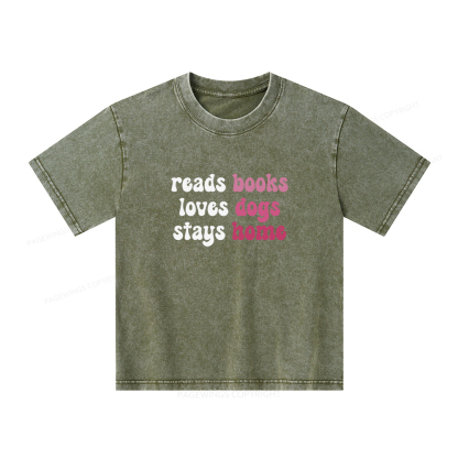 Pagewings Read Books & Lovs Dogs & Stay Home Unisex Kids Washed T-shirt