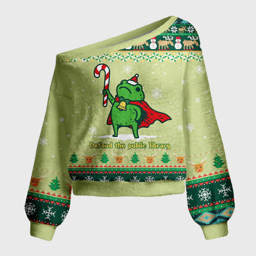 Pagewings Defend Your Local Public Library Off Shoulder Ugly Knit Sweater