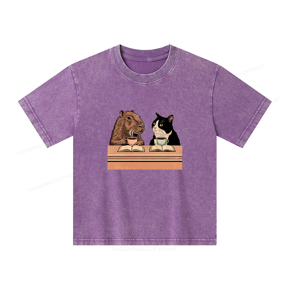 Pagewings Capybara and Tuxedo Cat Chilling with Coffee Unisex Kids Washed T-shirt