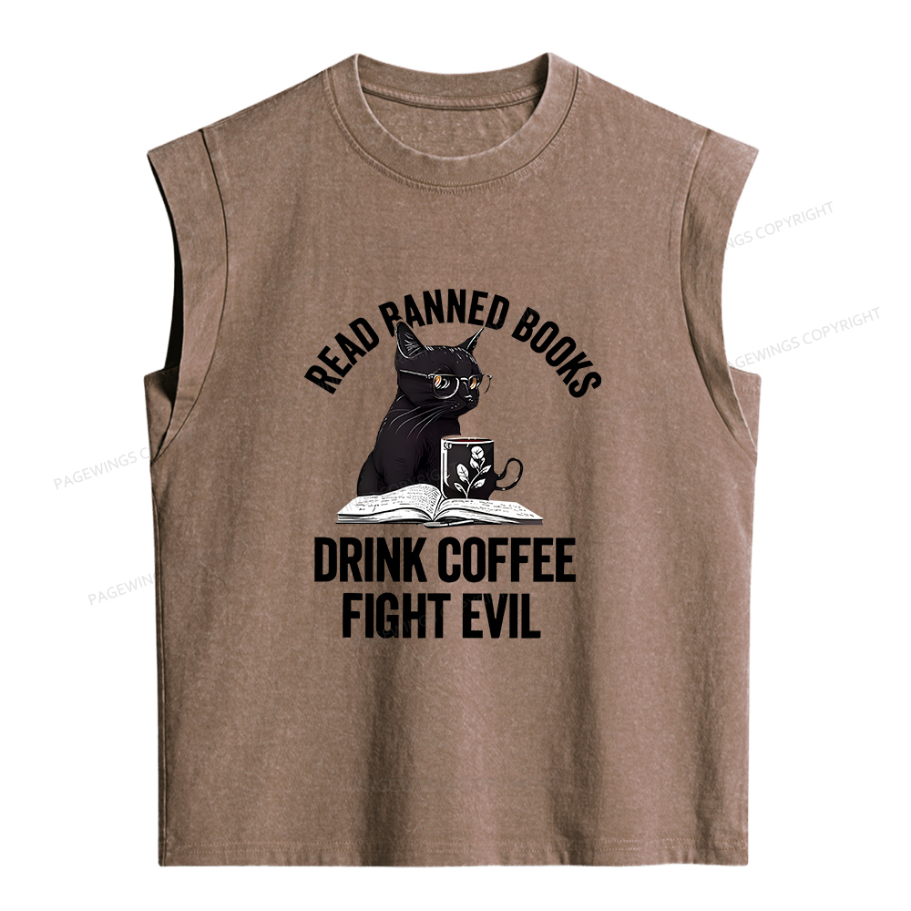 Pagewings Read Books Drink Coffee Fight Evil Women's Washed Tank Top