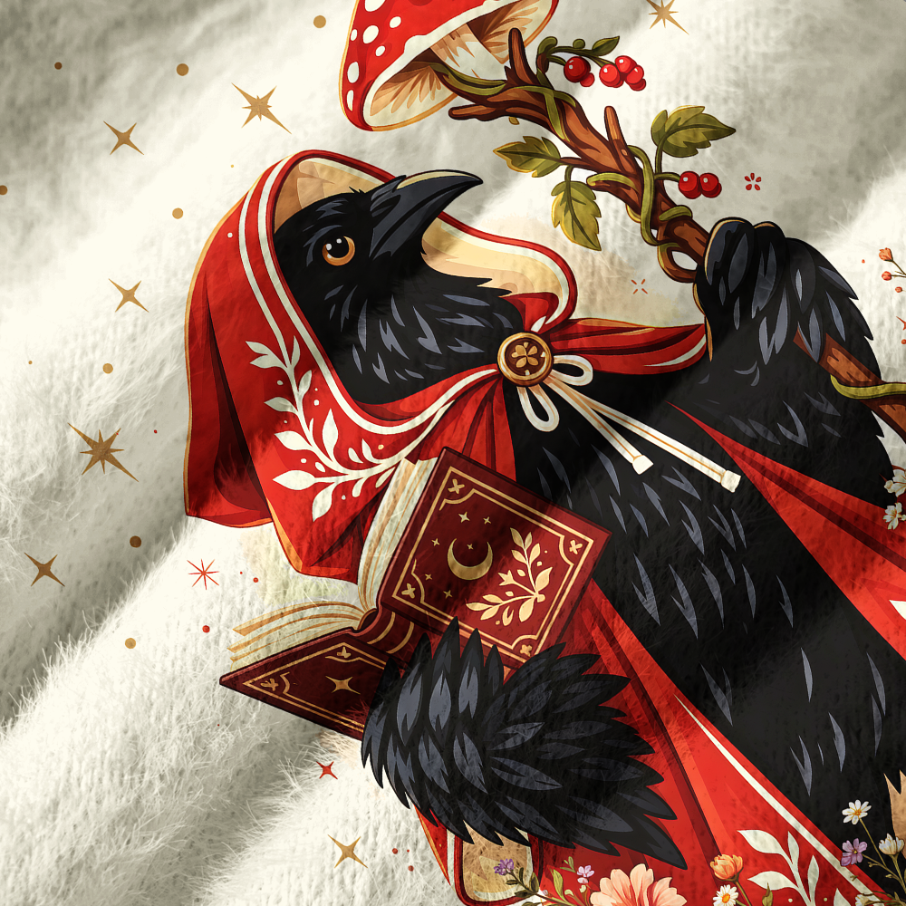 Pagewings Mysterious Reading Crow Off Shoulder Ugly Knit Sweater