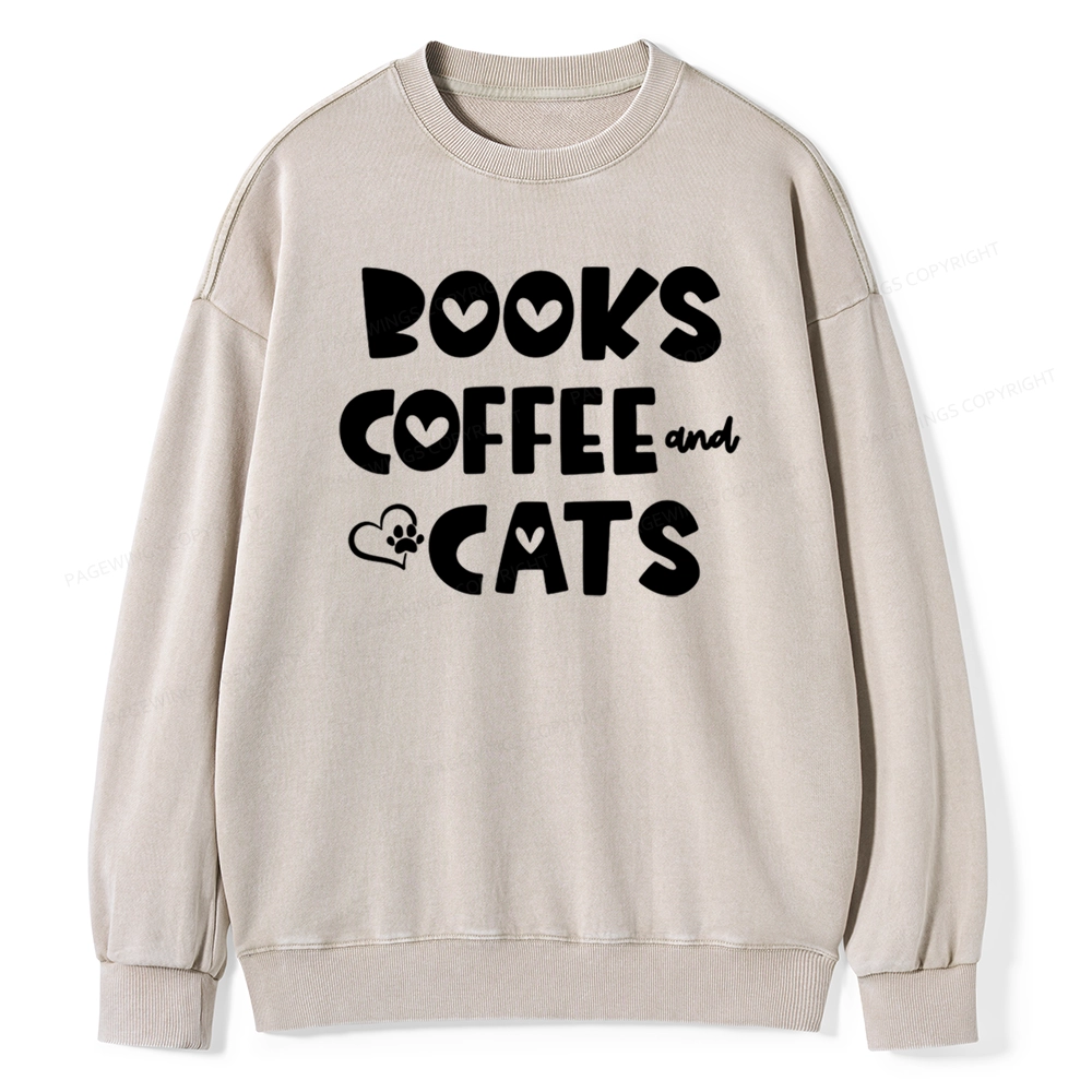 Pagewing Books Coffee and Cats Unisex Washed Sweatshirt