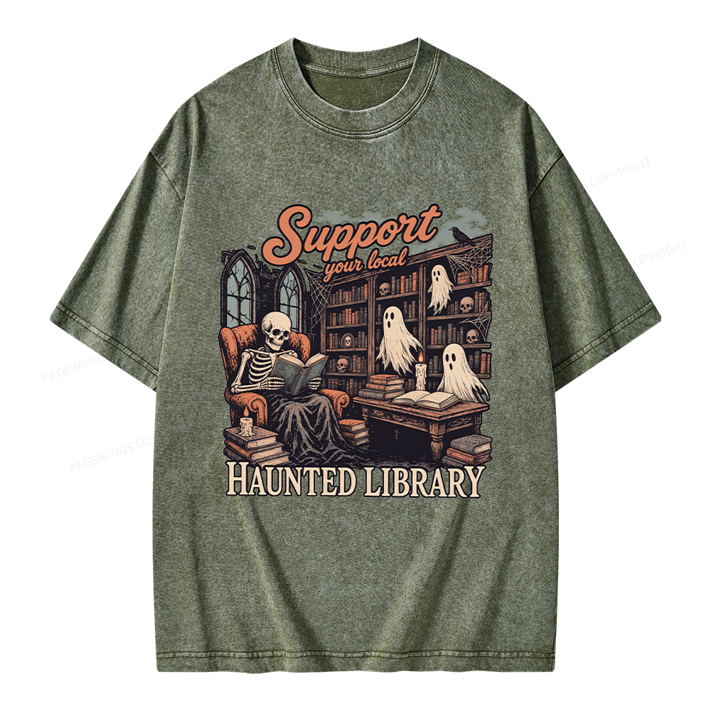 Pagewings Support Your Local Haunted Library Unisex Washed T-shirt
