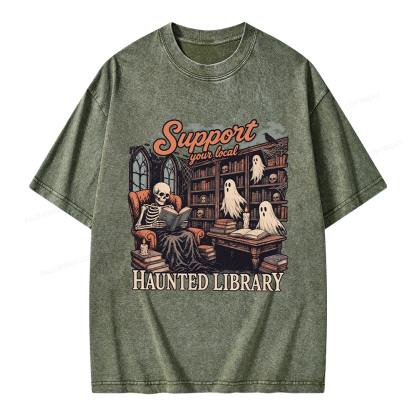 Pagewings Support Your Local Haunted Library Unisex Washed T-shirt