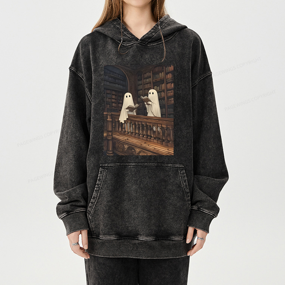 Pagewings Halloween Ghost Reading Unisex Washed Hoodie