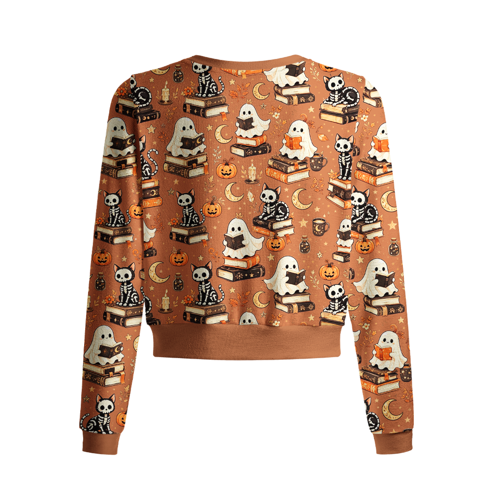 Pagewings Halloween cat reading Crew Neck Cardigan Sweaters