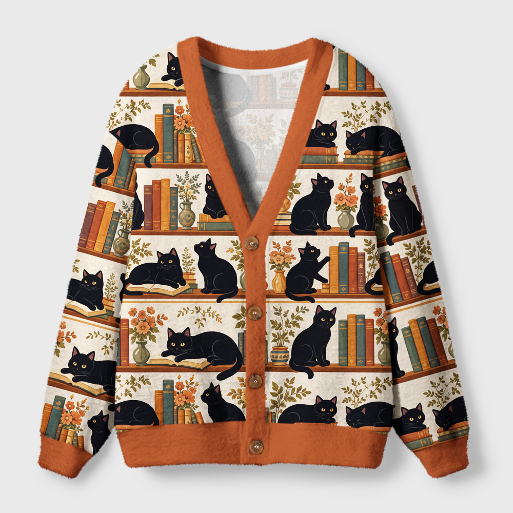 Pagewings Cat Book Lover Light Knit Unisex Cardigan Sweaters