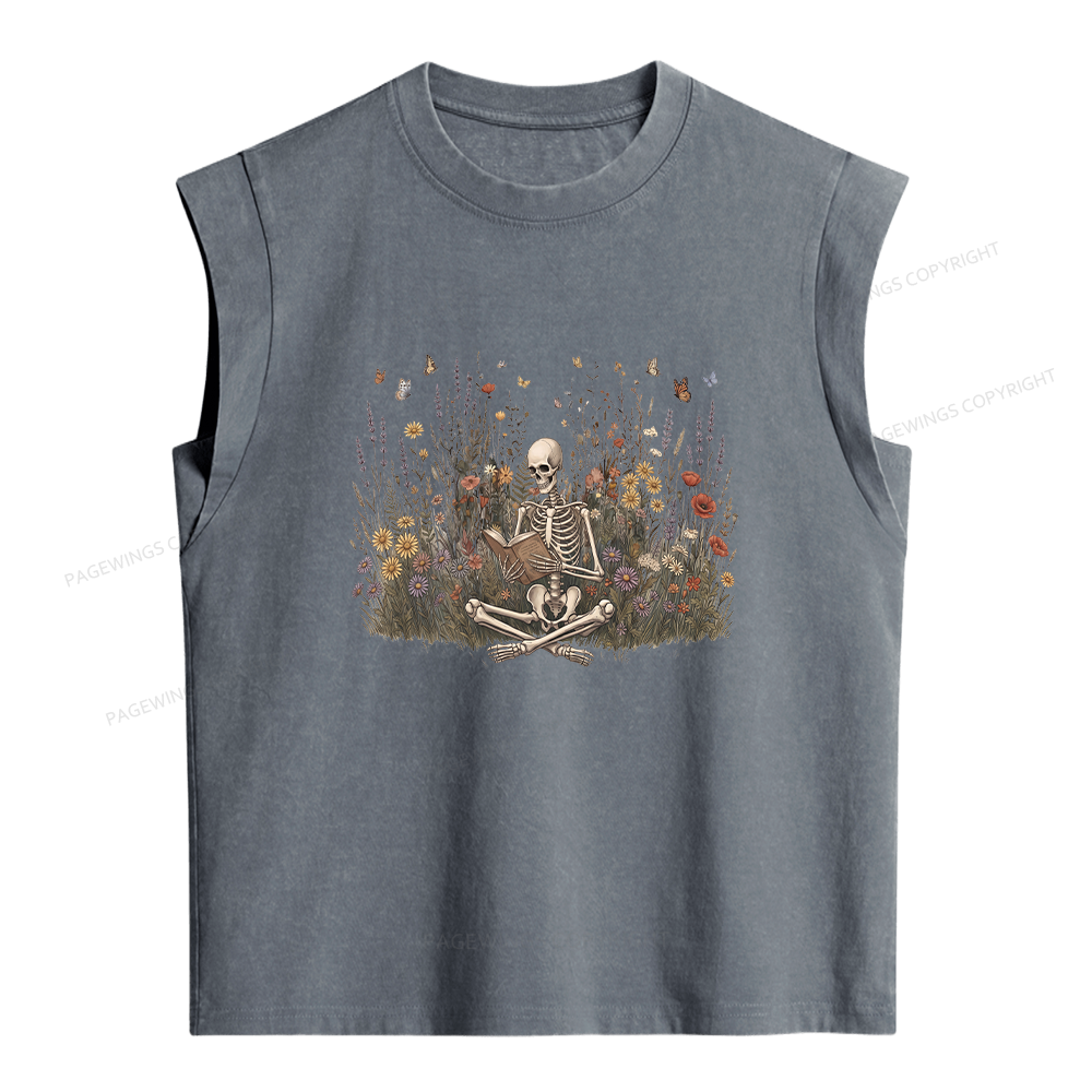 Pagewings Skeleton Reading Book Women's Washed Tank Top
