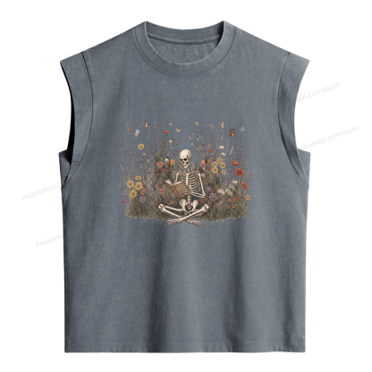 Pagewings Skeleton Reading Book Women's Washed Tank Top