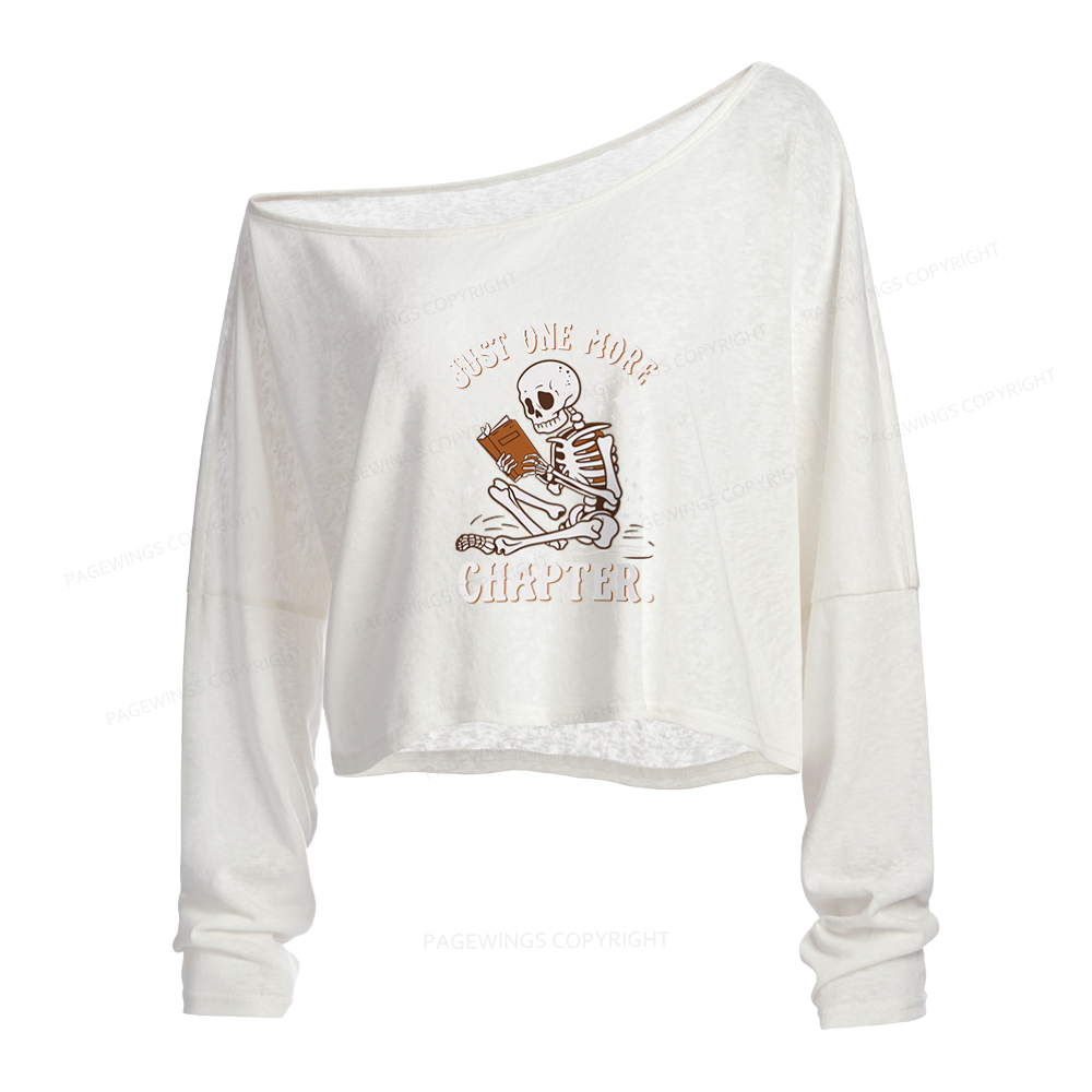 Pagewings Just One More Chapter Halloween Skeleton Slouchy Long Sleeve Off Shoulder T-shirt