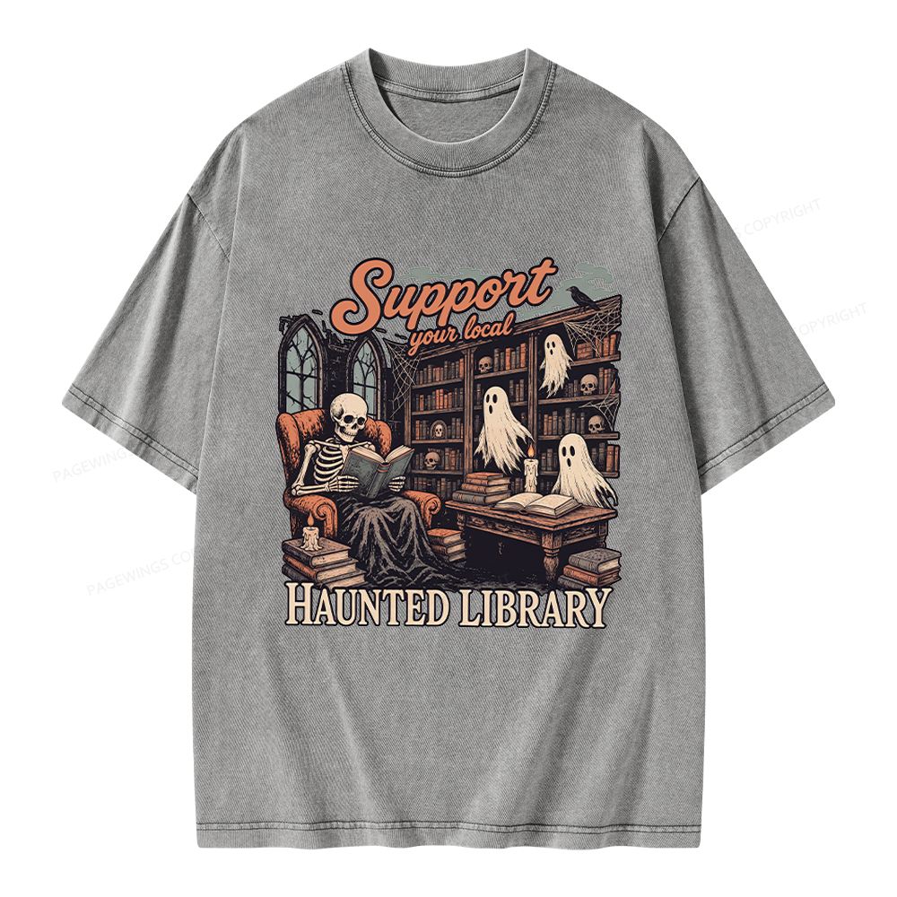 Pagewings Support Your Local Haunted Library Unisex Washed T-shirt