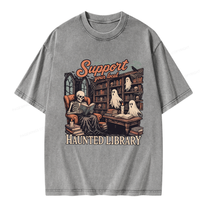 Pagewings Support Your Local Haunted Library Unisex Washed T-shirt