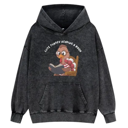 Pagewings Thanksgiving Turkey Reading A Book Unisex Washed Hoodie