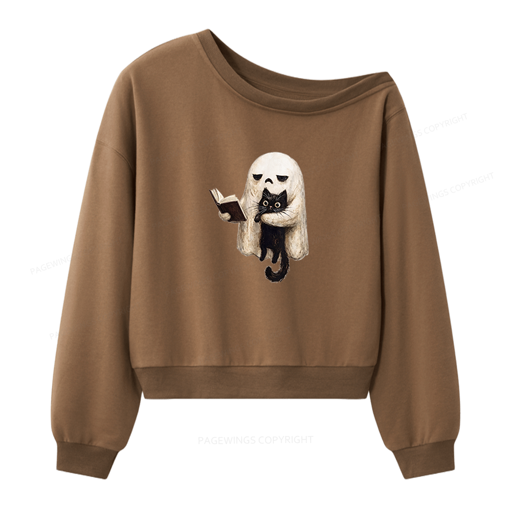 Pagewings Ghost Cat Spooky Black Cat Women Off Shoulder Sweatshirt