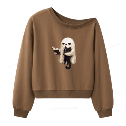 Pagewings Ghost Cat Spooky Black Cat Women Off Shoulder Sweatshirt