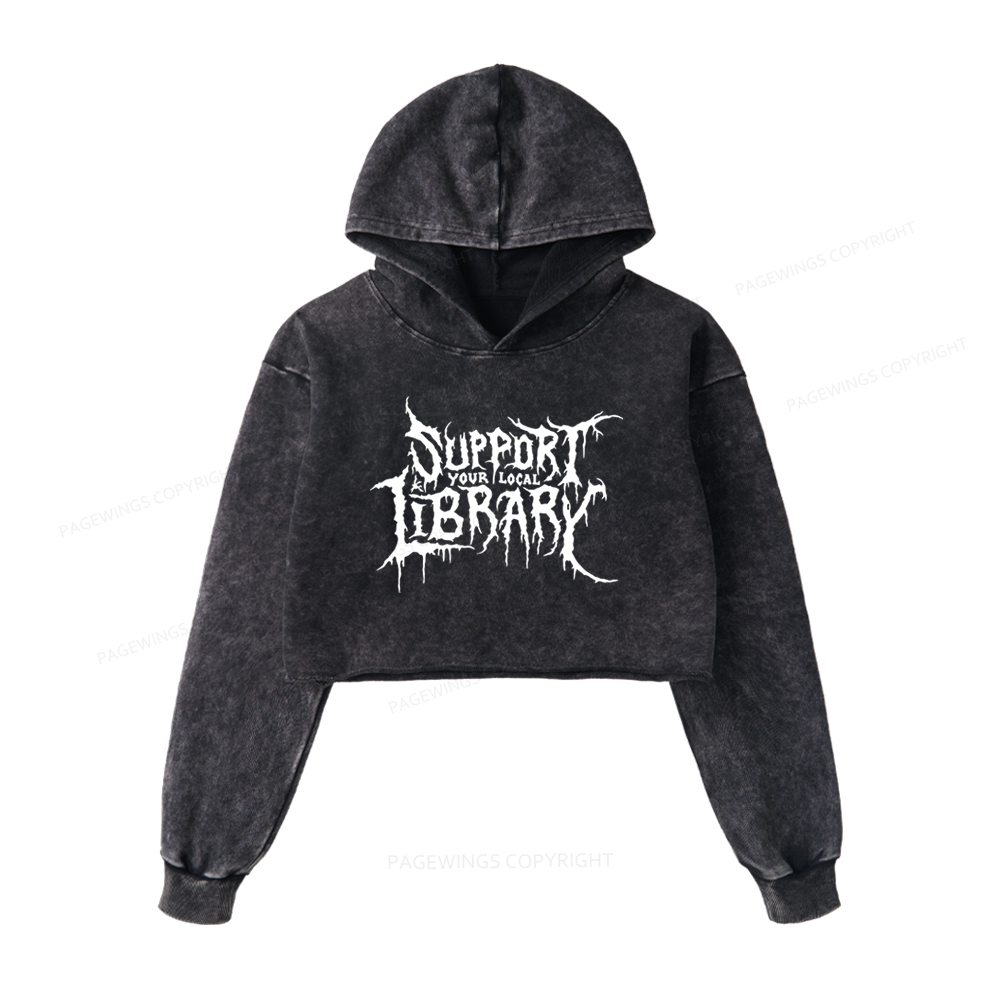 Pagewings Support Your Local Library Washed Crop Hoodie