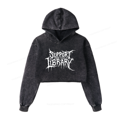 Pagewings Support Your Local Library Washed Crop Hoodie